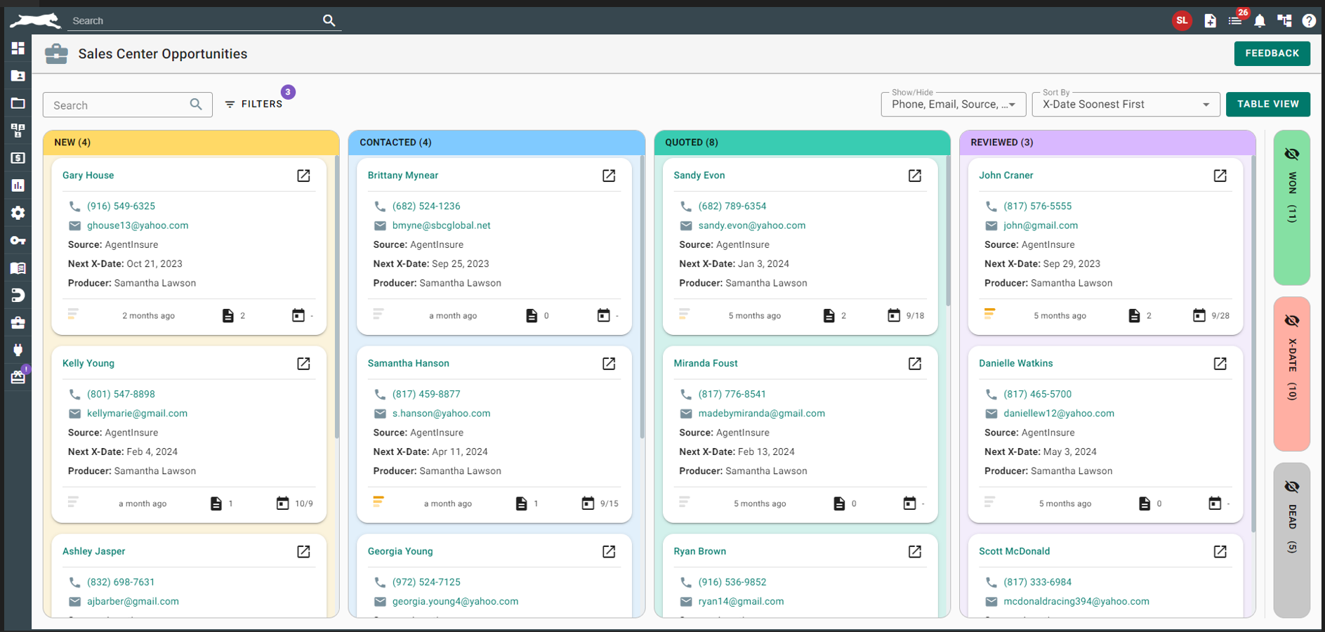 Screenshot of Sales Center user interface showing the table view with columns representing new, contacted, quoted, and reviewed opportunities, each containing example opportunities.